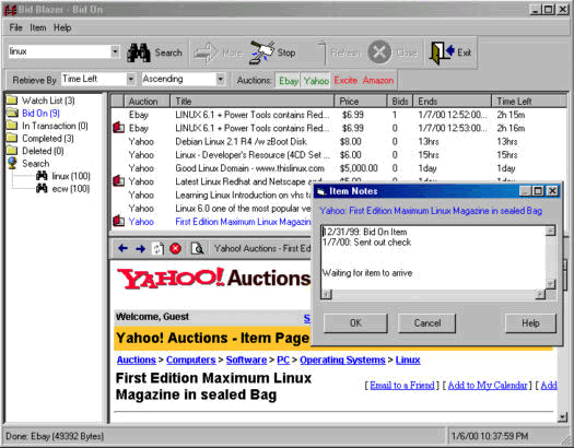 The BidBlazer desktop application listing auction results from eBay and Yahoo side by side, with a watch list and an item-notes window