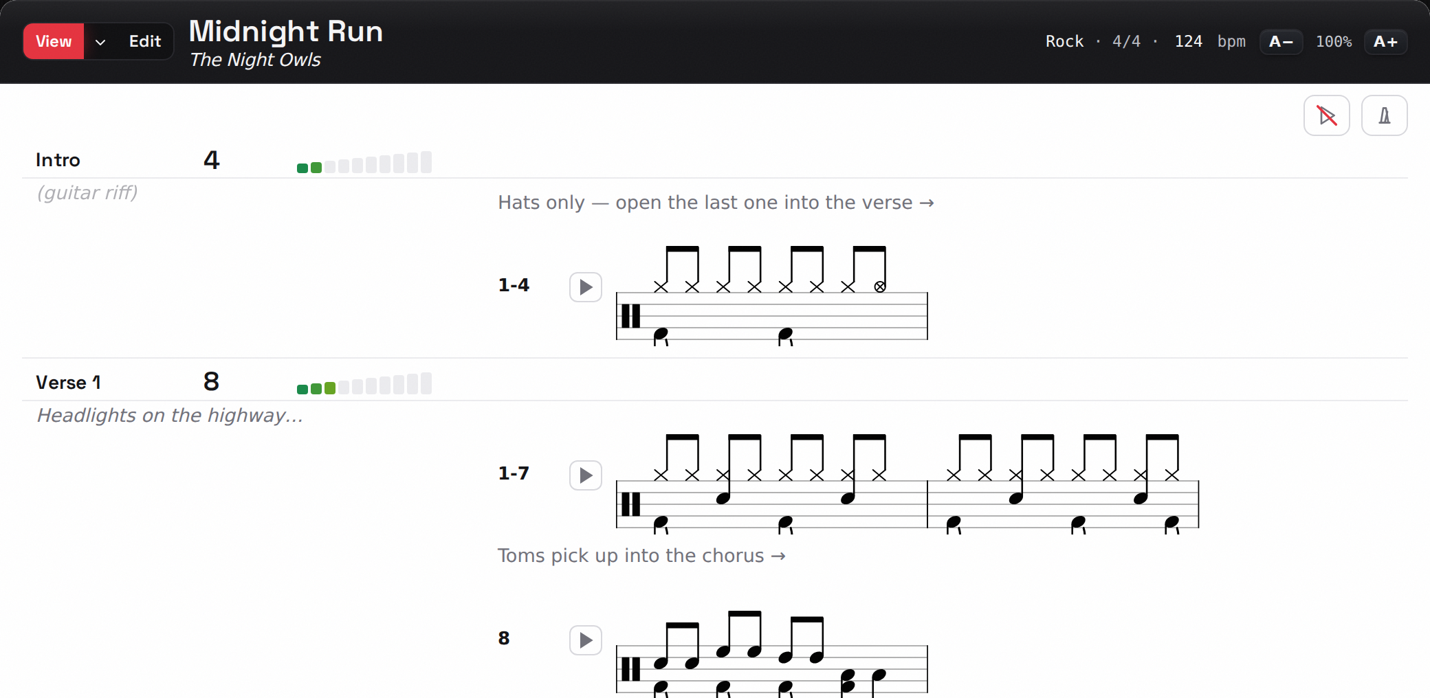 A ChartBlazer drum chart: song sections with bars, feels, and rendered drum notation