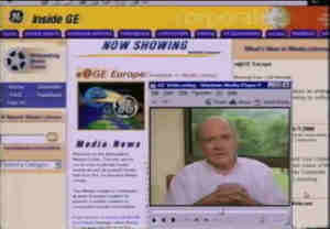 The Inside GE intranet portal playing a video of Jack Welch in its media viewer